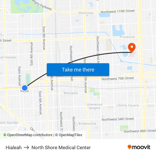 Hialeah to North Shore Medical Center map