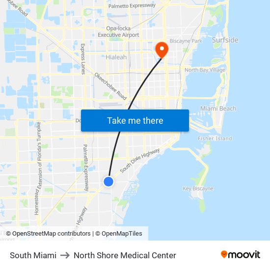 South Miami to North Shore Medical Center map