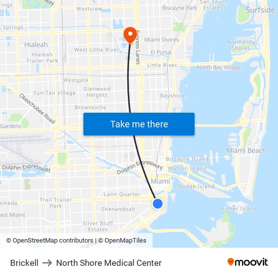 Brickell to North Shore Medical Center map