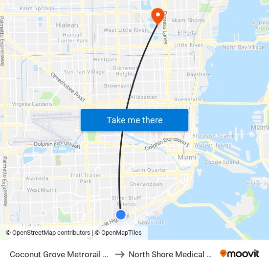 Coconut Grove Metrorail Station to North Shore Medical Center map