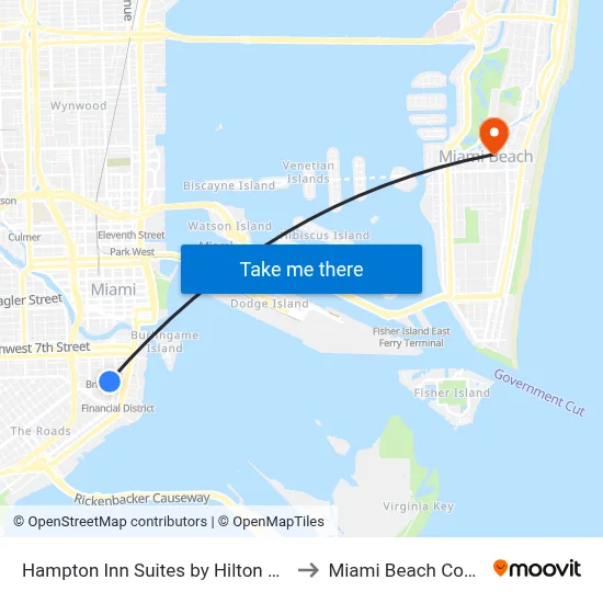 Hampton Inn Suites by Hilton Miami Downtown Brickell to Miami Beach Convention Center map