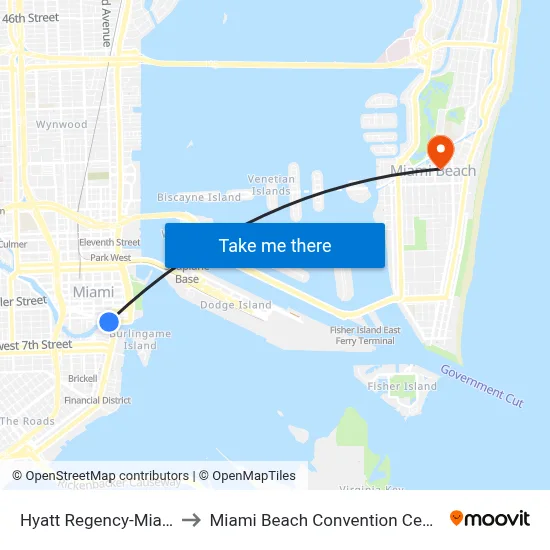 Hyatt Regency-Miami to Miami Beach Convention Center map