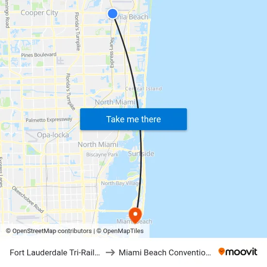 Fort Lauderdale Tri-Rail Station to Miami Beach Convention Center map