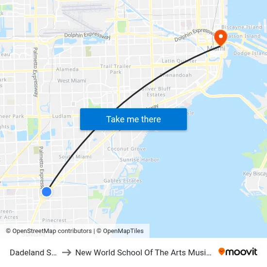 Dadeland South to New World School Of The Arts Music Building map