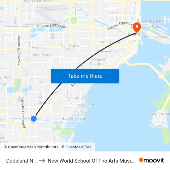 Dadeland North to New World School Of The Arts Music Building map