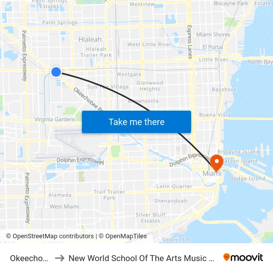 Okeechobee to New World School Of The Arts Music Building map