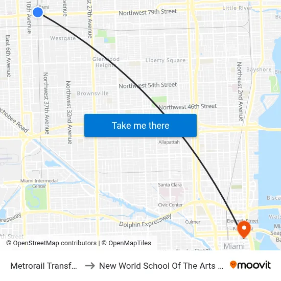 Metrorail Transfer Station to New World School Of The Arts Music Building map