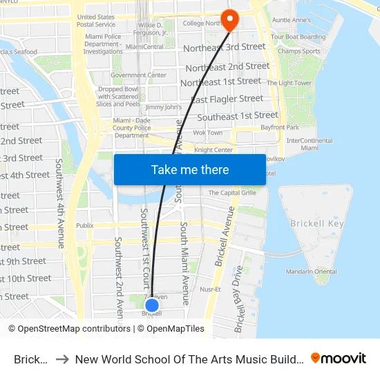 Brickell to New World School Of The Arts Music Building map