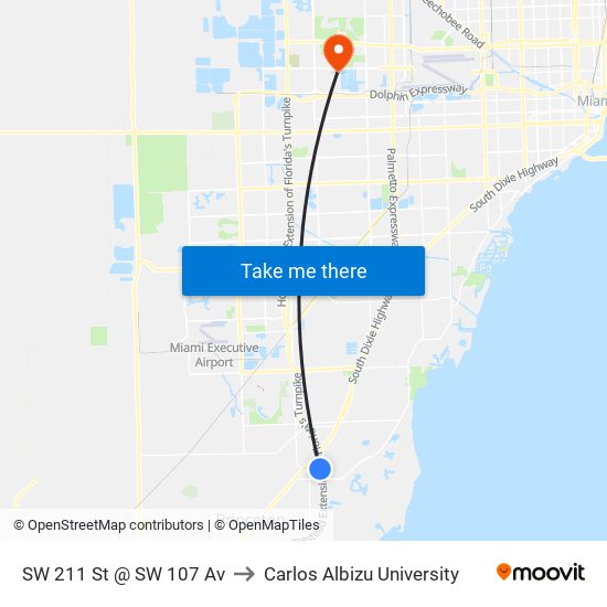 SW 211 St @ SW 107 Av to Carlos Albizu University map