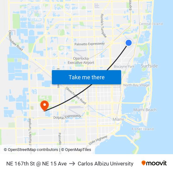 NE 167th St @ NE 15 Ave to Carlos Albizu University map