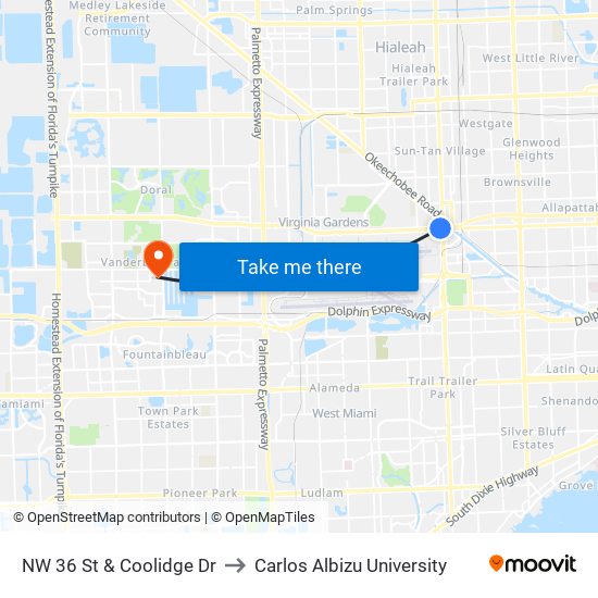 NW 36 St & Coolidge Dr to Carlos Albizu University map