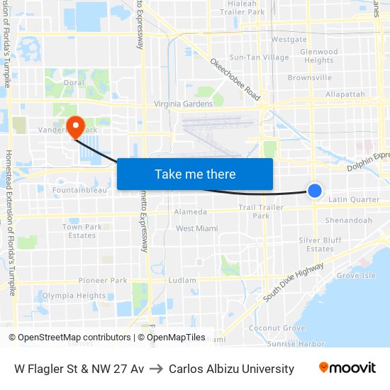 W Flagler St & NW 27 Av to Carlos Albizu University map