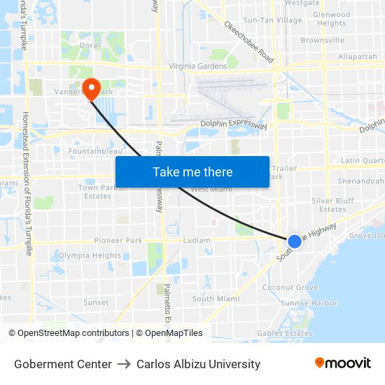 Goberment Center to Carlos Albizu University map