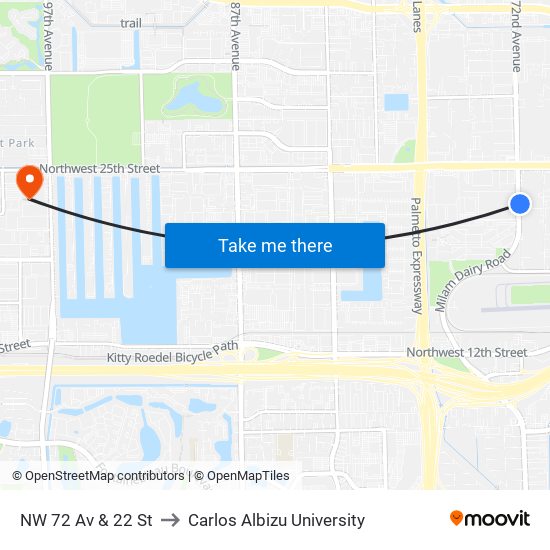 NW 72 Av & 22 St to Carlos Albizu University map