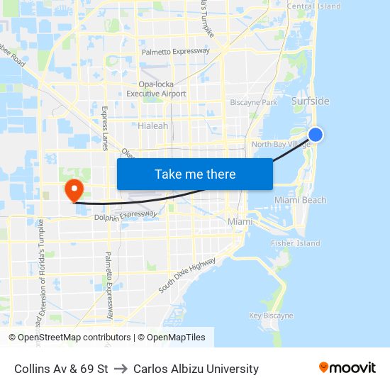 Collins Av & 69 St to Carlos Albizu University map