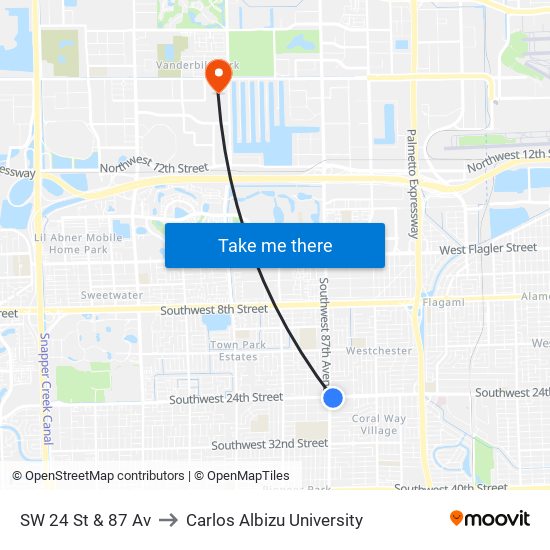 SW 24 St & 87 Av to Carlos Albizu University map