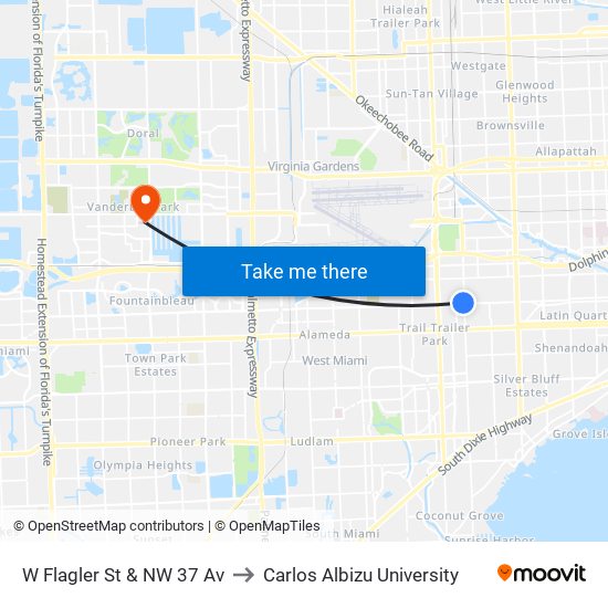 W Flagler St & NW 37 Av to Carlos Albizu University map