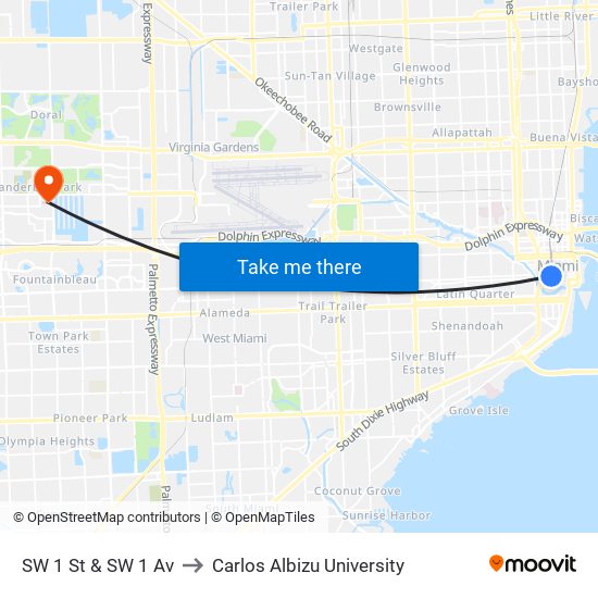 SW 1 St & SW 1 Av to Carlos Albizu University map