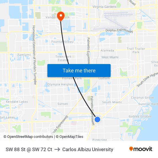 SW 88 St @ SW 72 Ct to Carlos Albizu University map