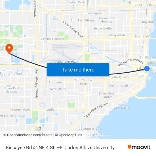 Biscayne Bd @ NE 4 St to Carlos Albizu University map