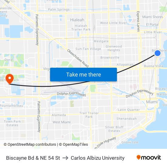 Biscayne Bd & NE 54 St to Carlos Albizu University map