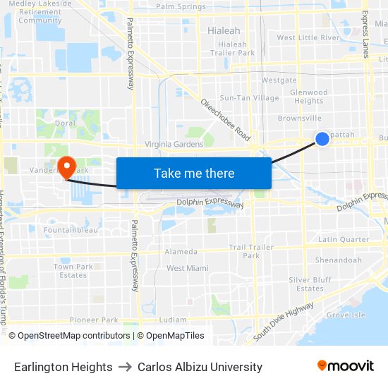 Earlington Heights to Carlos Albizu University map