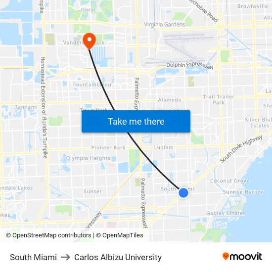 South Miami to Carlos Albizu University map