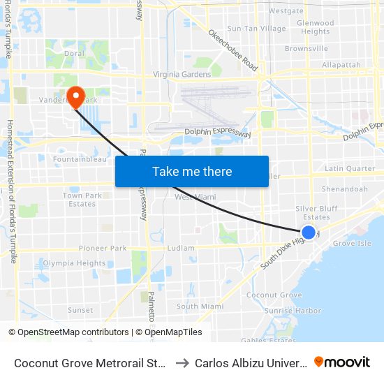 Coconut Grove Metrorail Station to Carlos Albizu University map