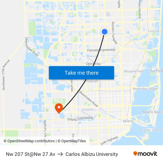 Nw 207 St@Nw 27 Av to Carlos Albizu University map