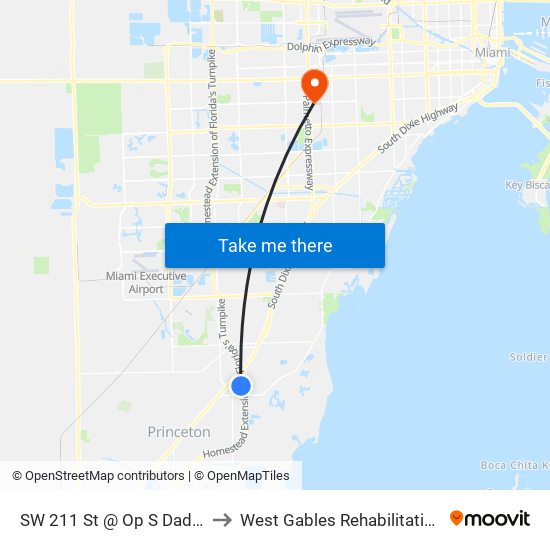 SW 211 St @ Op S Dade Govt Ctr to West Gables Rehabilitation Hospital map