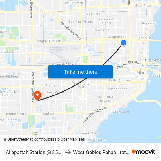 Allapattah Station @ 3501 NW 12 Av to West Gables Rehabilitation Hospital map