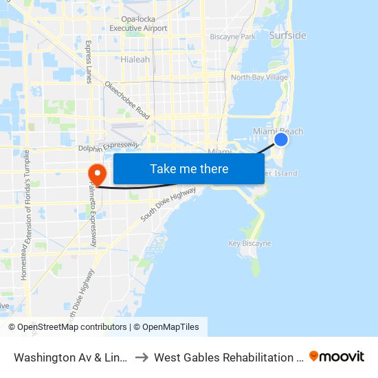 Washington Av & Lincoln Rd to West Gables Rehabilitation Hospital map