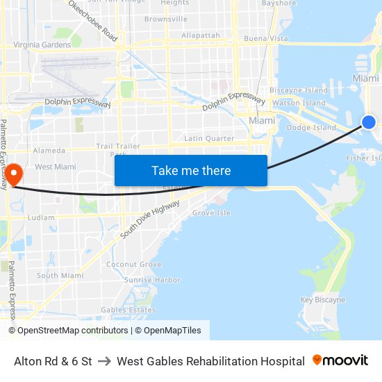 Alton Rd & 6 St to West Gables Rehabilitation Hospital map