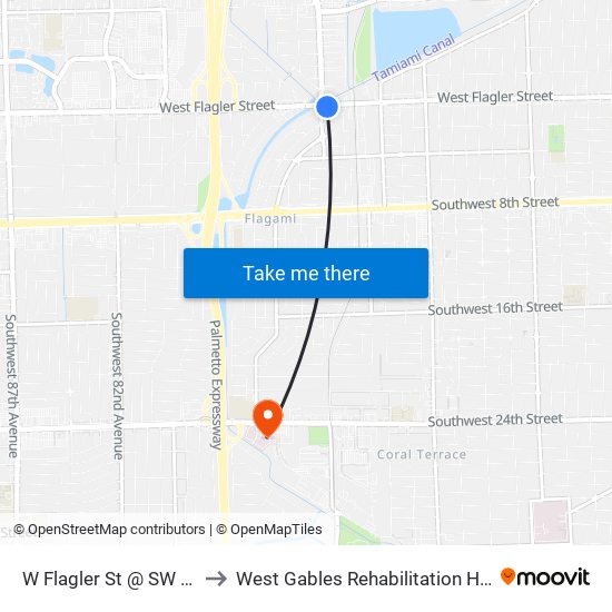 W Flagler St @ SW 72 Av to West Gables Rehabilitation Hospital map