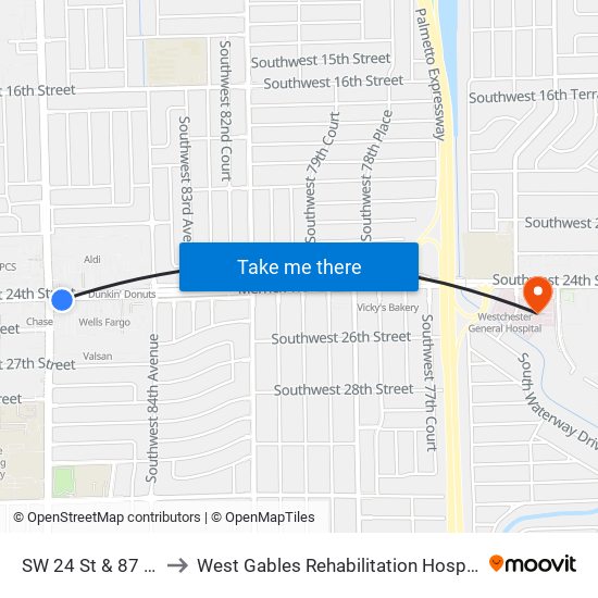 SW 24 St & 87 Av to West Gables Rehabilitation Hospital map