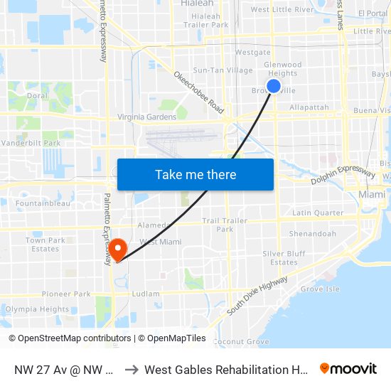 NW 27 Av @ NW 54 St to West Gables Rehabilitation Hospital map