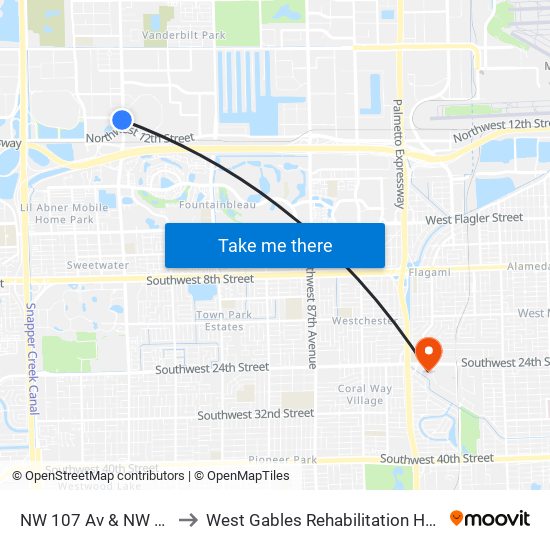 NW 107 Av & NW 14 St to West Gables Rehabilitation Hospital map