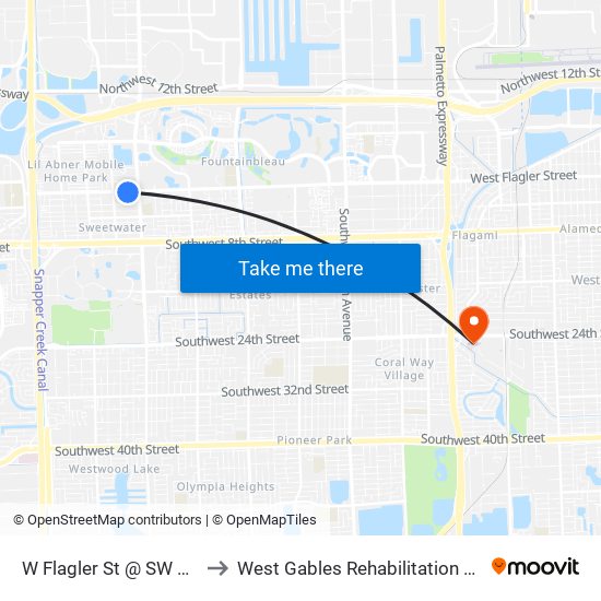 W Flagler St @ SW 108 Av to West Gables Rehabilitation Hospital map