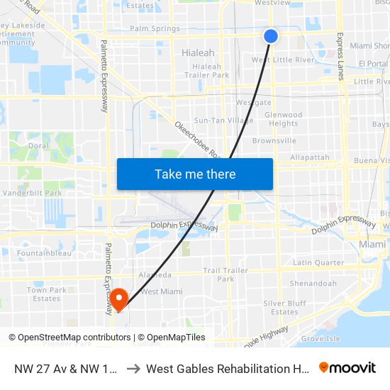 NW 27 Av & NW 103 St to West Gables Rehabilitation Hospital map