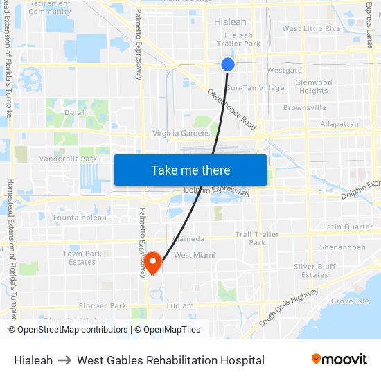 Hialeah to West Gables Rehabilitation Hospital map