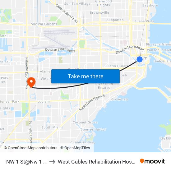 NW 1 St@Nw 1 Av to West Gables Rehabilitation Hospital map