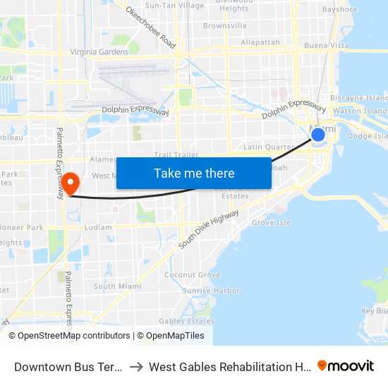 Downtown Bus Terminal to West Gables Rehabilitation Hospital map