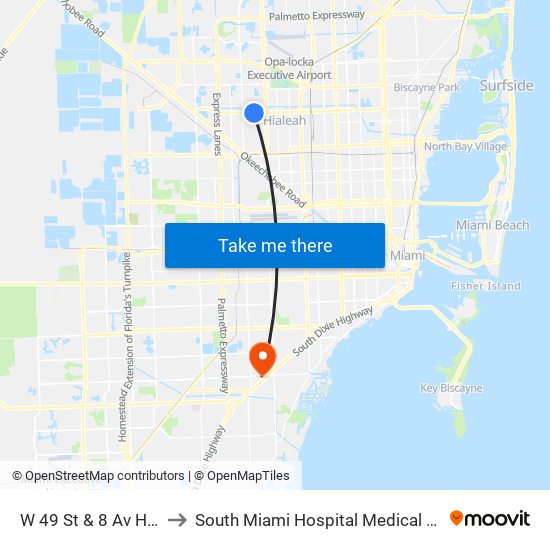 W 49 St & 8 Av Hialeah to South Miami Hospital Medical Arts Bldg map