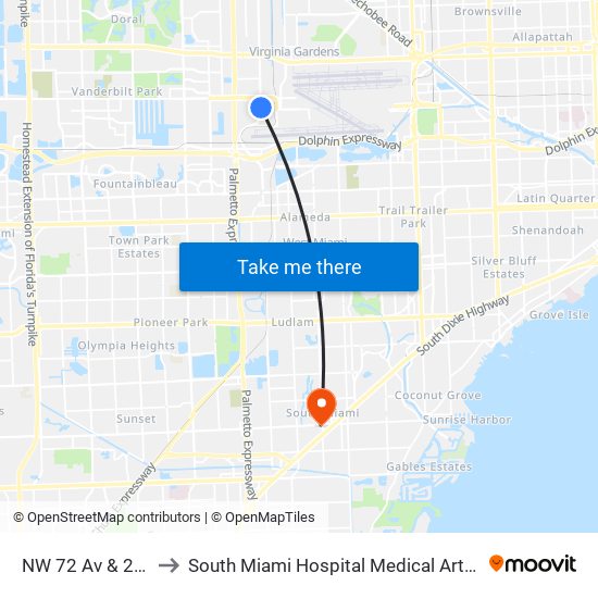 NW 72 Av & 22 St to South Miami Hospital Medical Arts Bldg map