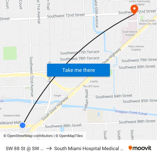 SW 88 St @ SW 72 Ct to South Miami Hospital Medical Arts Bldg map