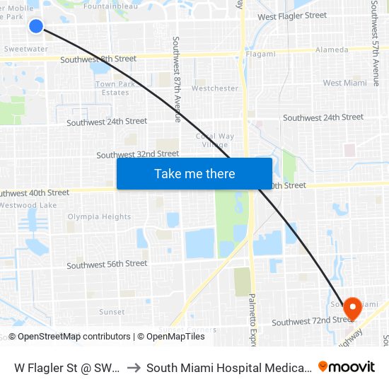 W Flagler St @ SW 108 Av to South Miami Hospital Medical Arts Bldg map