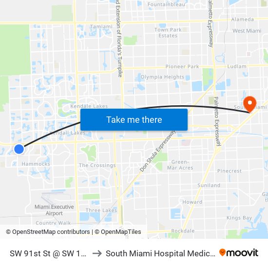 SW 91st St @ SW 162nd Ave to South Miami Hospital Medical Arts Bldg map