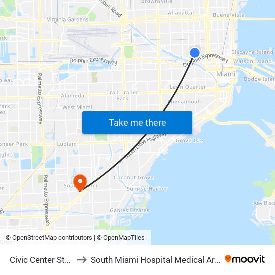 Civic Center Station to South Miami Hospital Medical Arts Bldg map