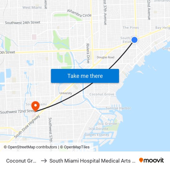 Coconut Grove to South Miami Hospital Medical Arts Bldg map