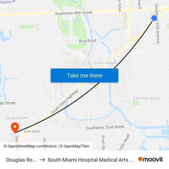 Douglas Road to South Miami Hospital Medical Arts Bldg map